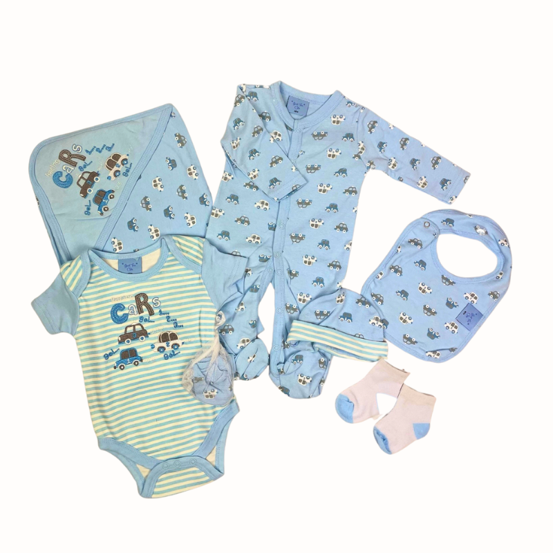 Blauwe babyset met auto’s – 7-delig