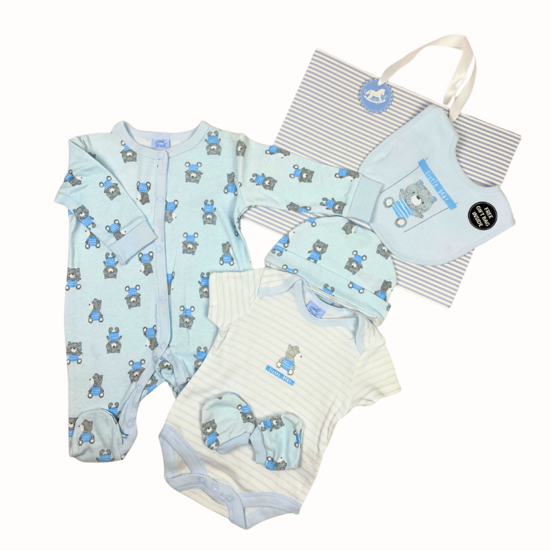 Blauwe babyset met beertjes – geschenkverpakking