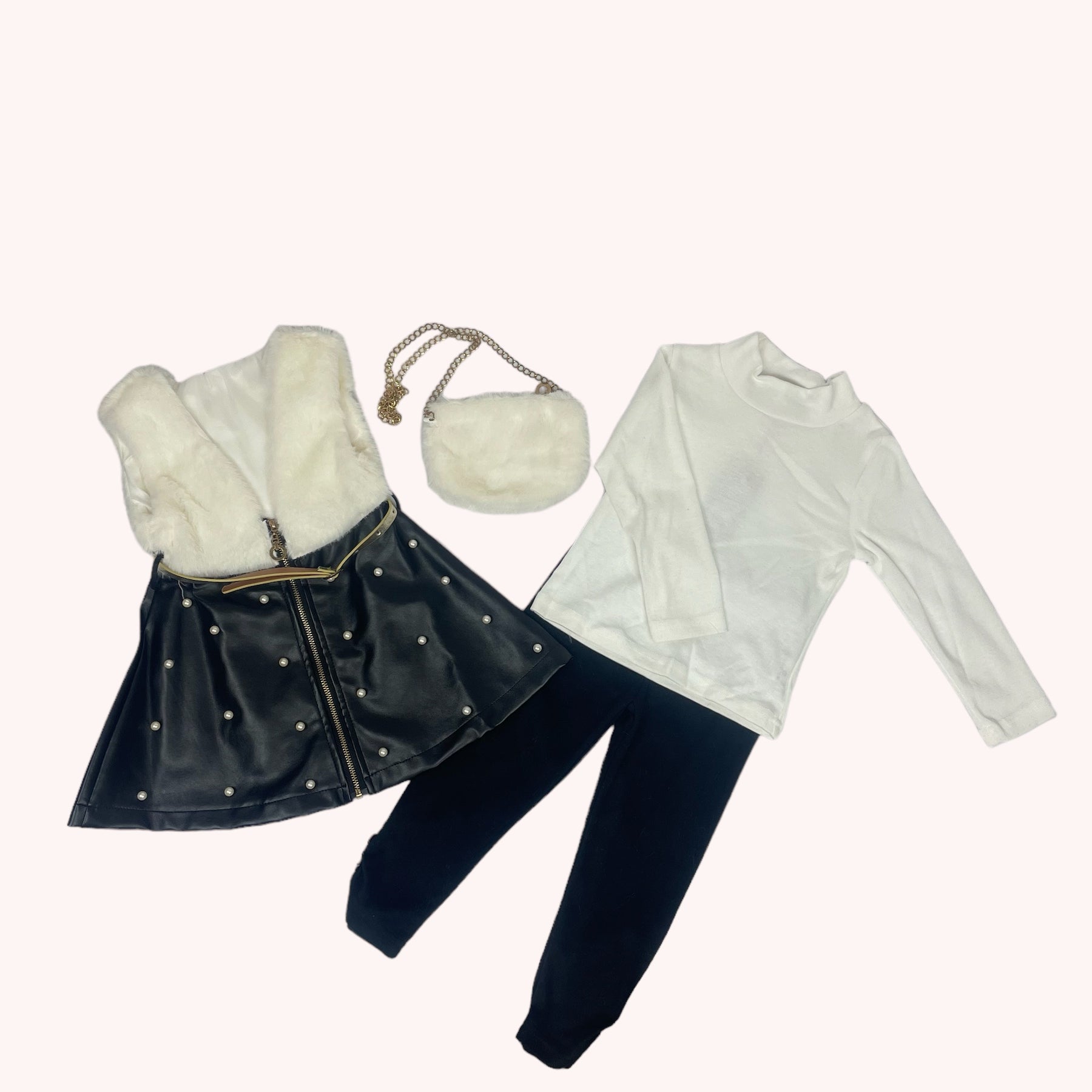 3-delige set met kunstbont en lederlook gilet en tasje