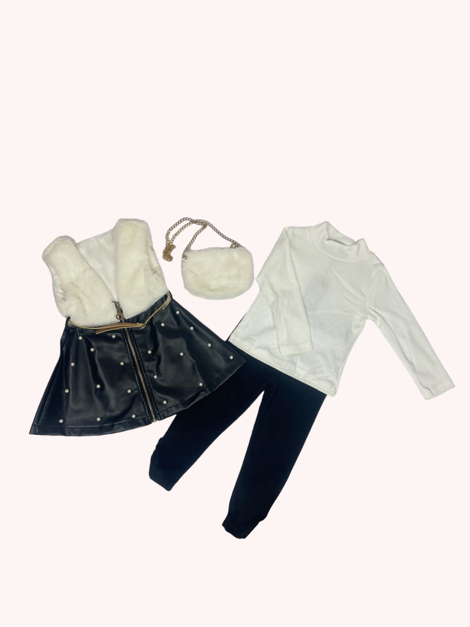 3-delige set met kunstbont en lederlook gilet en tasje