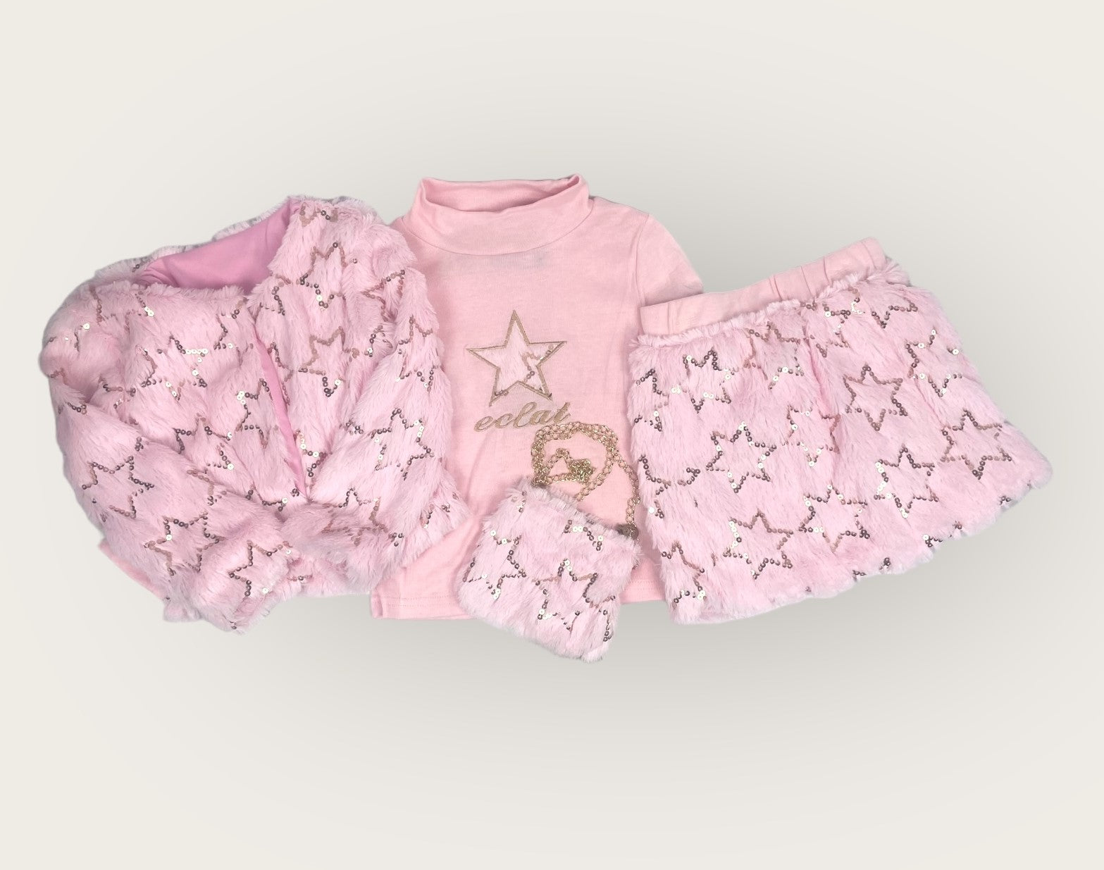 Glitter vest met rokje, t-shirt en tasje