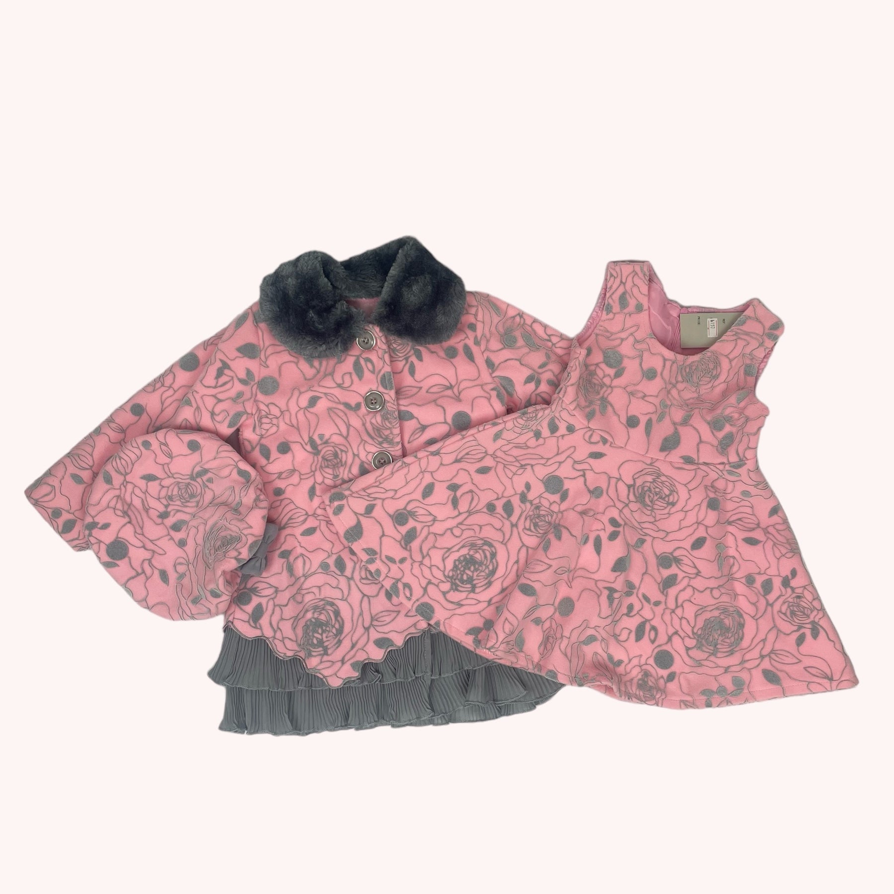 Mantel met bloemenprint, muts en jurkje - Roze