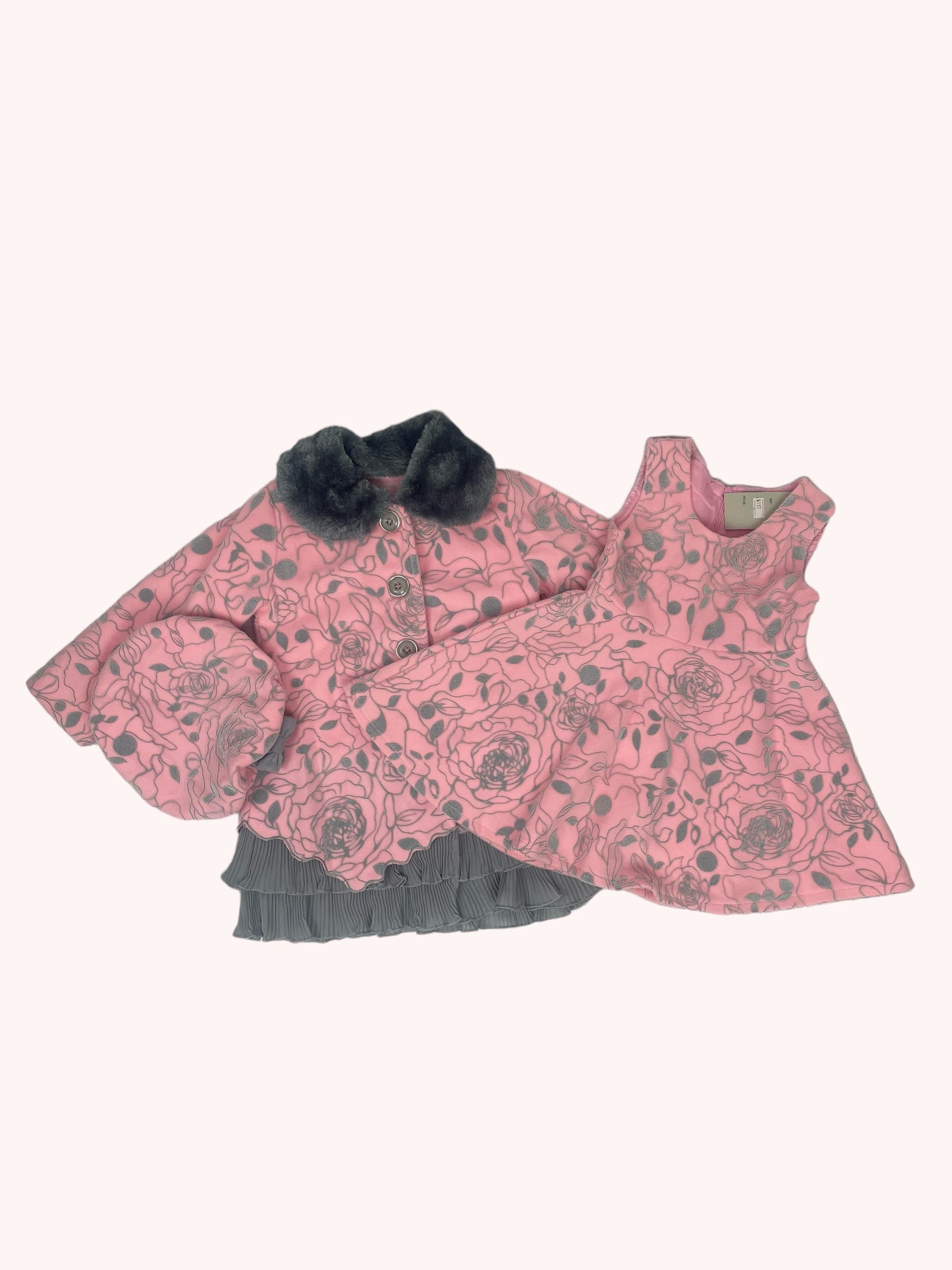 Mantel met bloemenprint, muts en jurkje - Roze