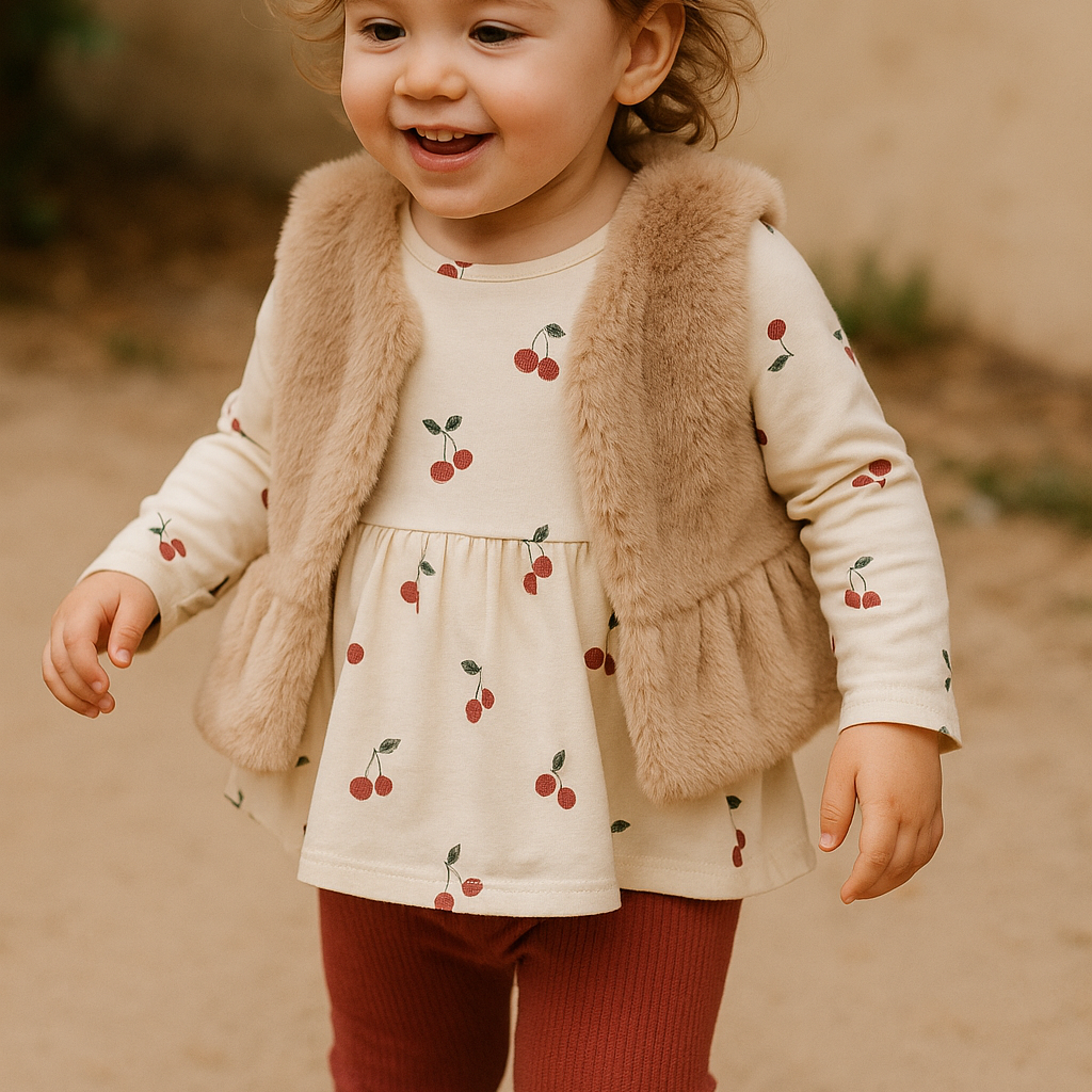 Baby meisjes set met kersenprint en faux fur gilet