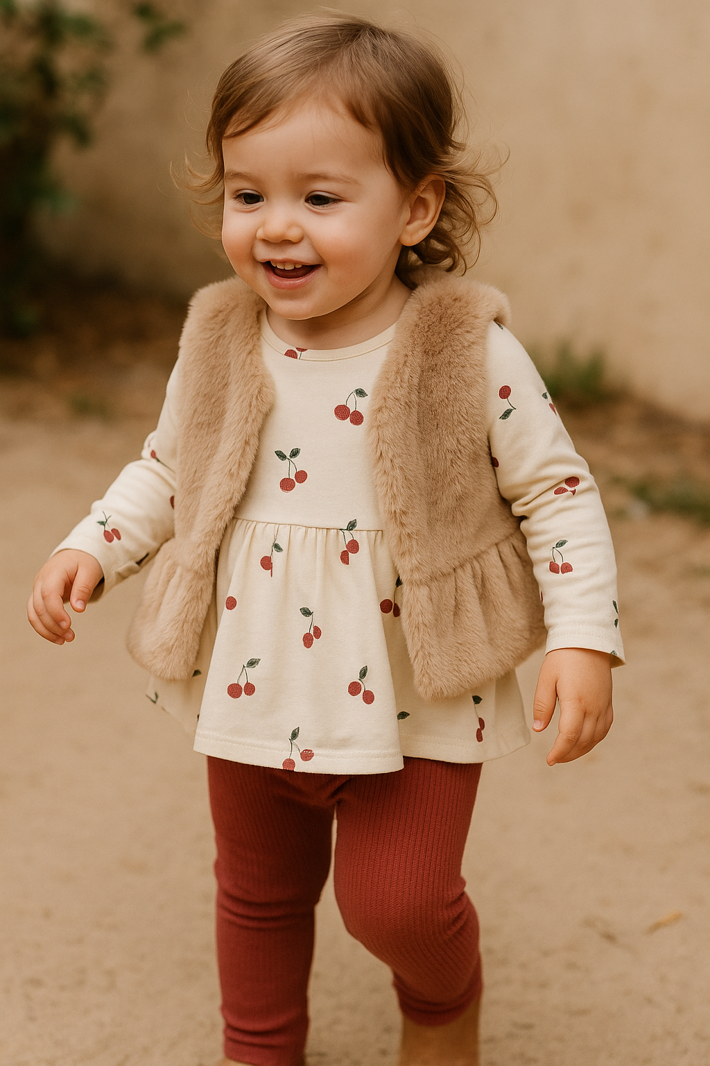 Baby meisjes set met kersenprint en faux fur gilet