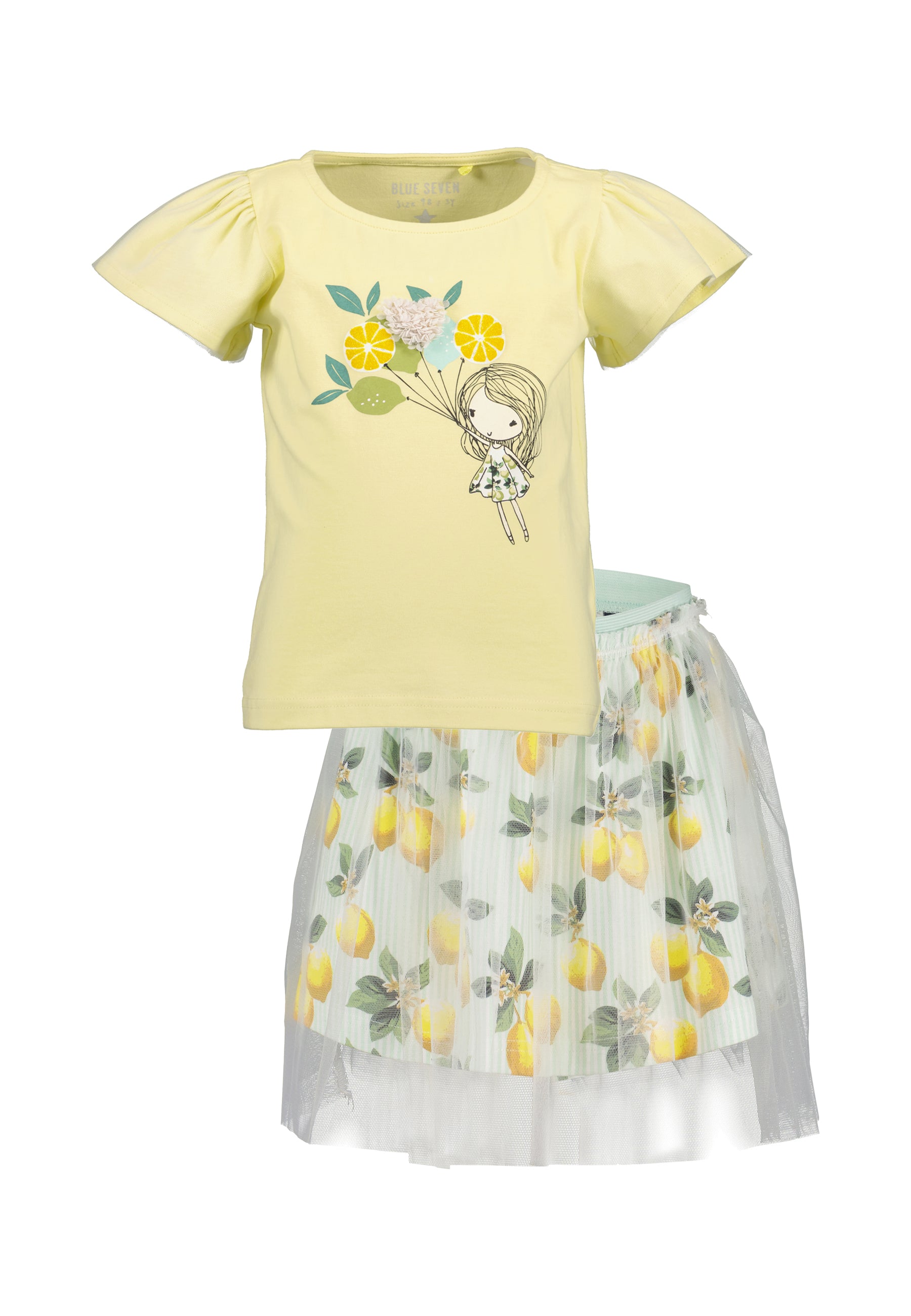 Meisjes set t-shirt geel citroenen print en tule rok Blue Seven