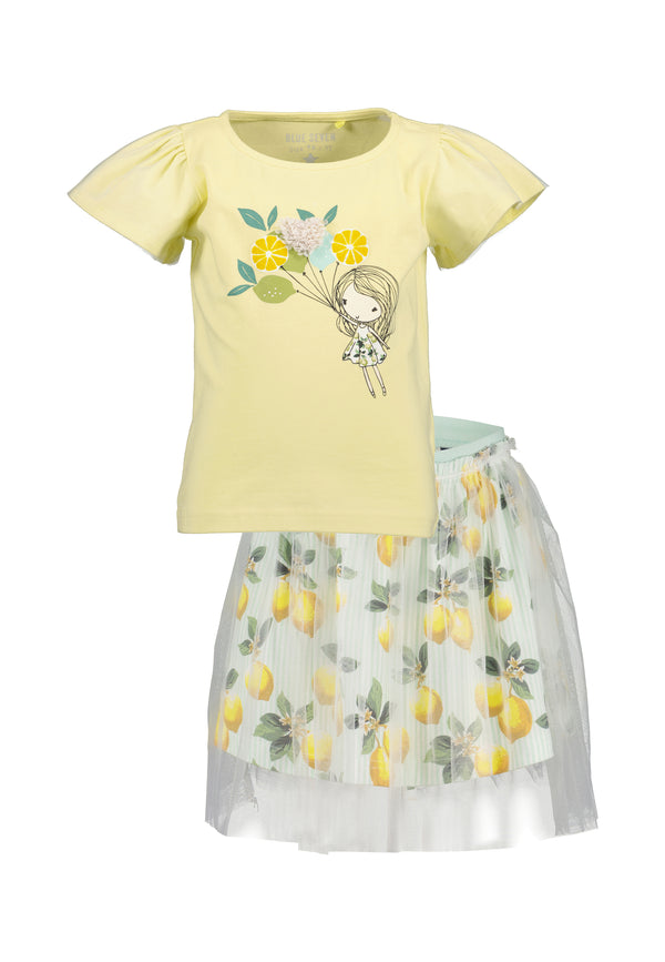 Meisjes zomerset Blue Seven zachtgeel t-shirt met citroenballonnen print en 3D bloem applicatie gecombineerd met mintgroene tule rok met citroenprint – Elisa Kids Boutique