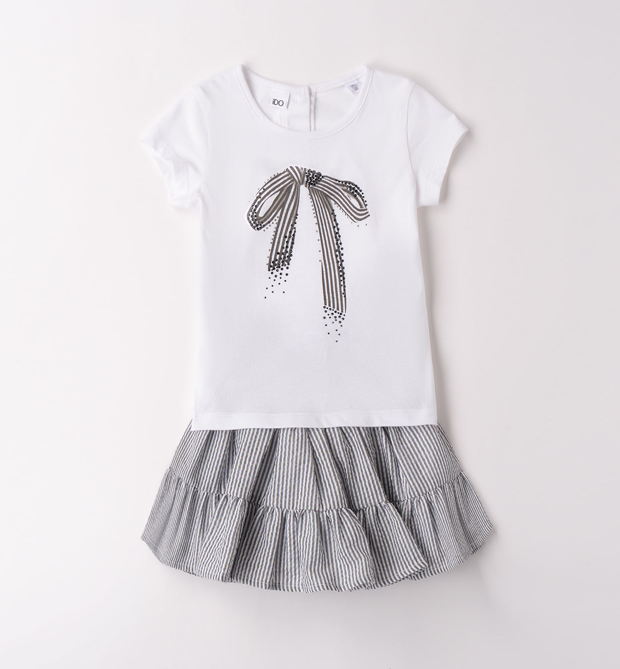 iDO tweedelige set voor meisjes met wit T-shirt met strikprint en blauw-wit gestreepte rok met volants