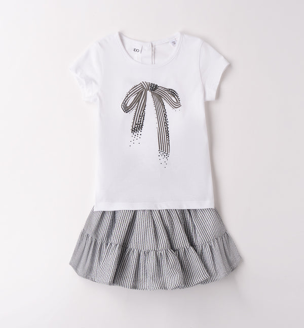 iDO tweedelige set voor meisjes met wit T-shirt met strikprint en blauw-wit gestreepte rok met volants