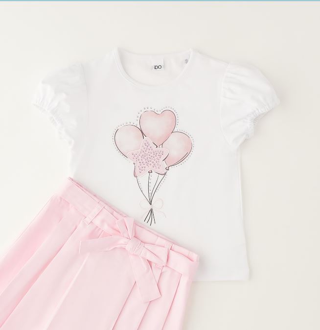 2-delige meisjesset met ballonprint – Wit T-shirt en roze rok