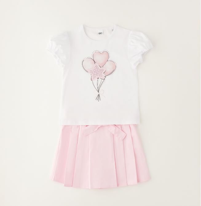 2-delige meisjesset met ballonprint – Wit T-shirt en roze rok