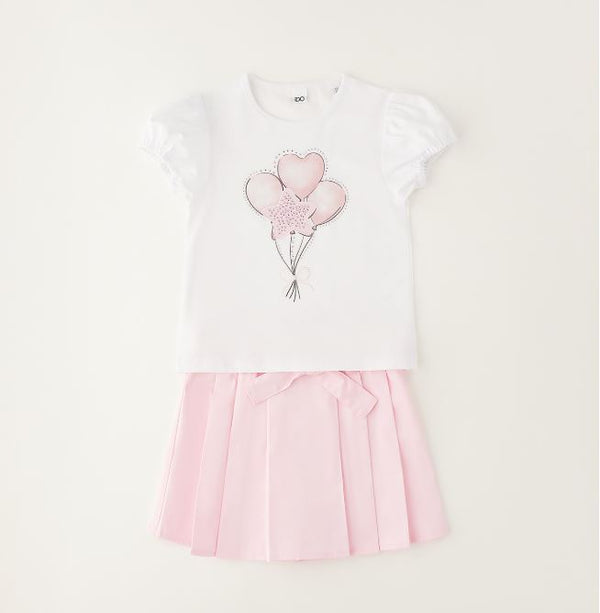2-delige meisjesset met ballonprint – Wit T-shirt en roze rok