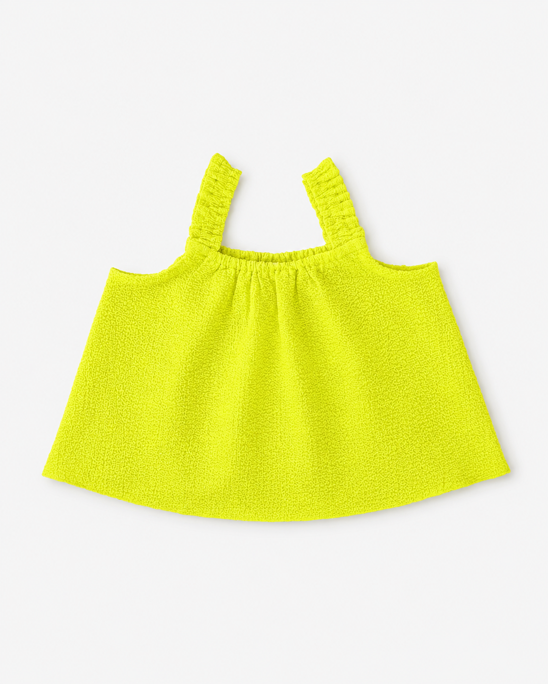 Neongeelgroene meisjes top met gerimpelde schouderbandjes en elastische boothals