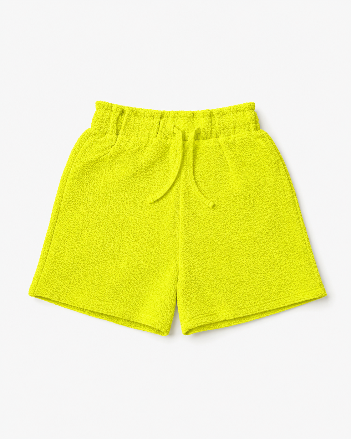 Neongeelgroene short meisjes met paperbag taille, trekkoord en schuine zakken