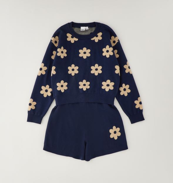 Donkerblauwe iDO meisjes gebreide set trui en short met beige bloemen – vooraanzicht