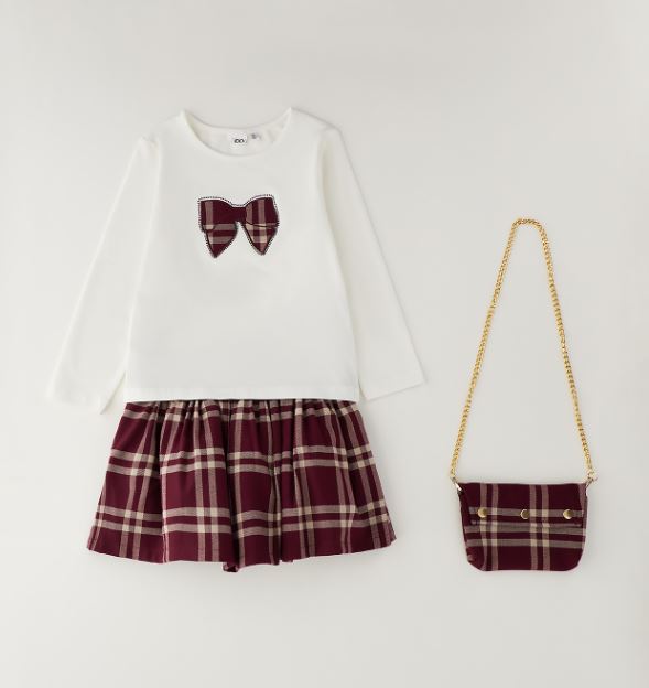 Ecru met bordeaux ruit iDO set voor meisjes met t-shirt, rok en schoudertasje