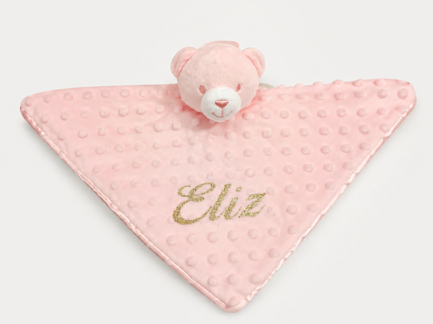 Gepersonaliseerde roze knuffeldoek met beer en geborduurde naam Eliz van zachte minky stof