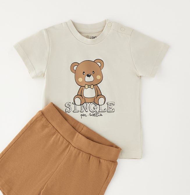 Ecru baby T-shirt met teddybeer print en tekst Single per scelta