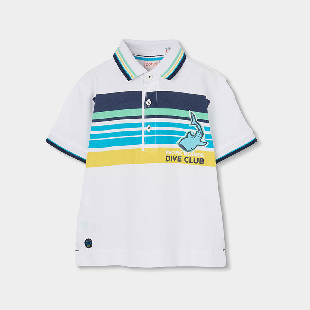 Boboli jongens polo wit met streepdessin en Pacific Islands Dive Club opdruk