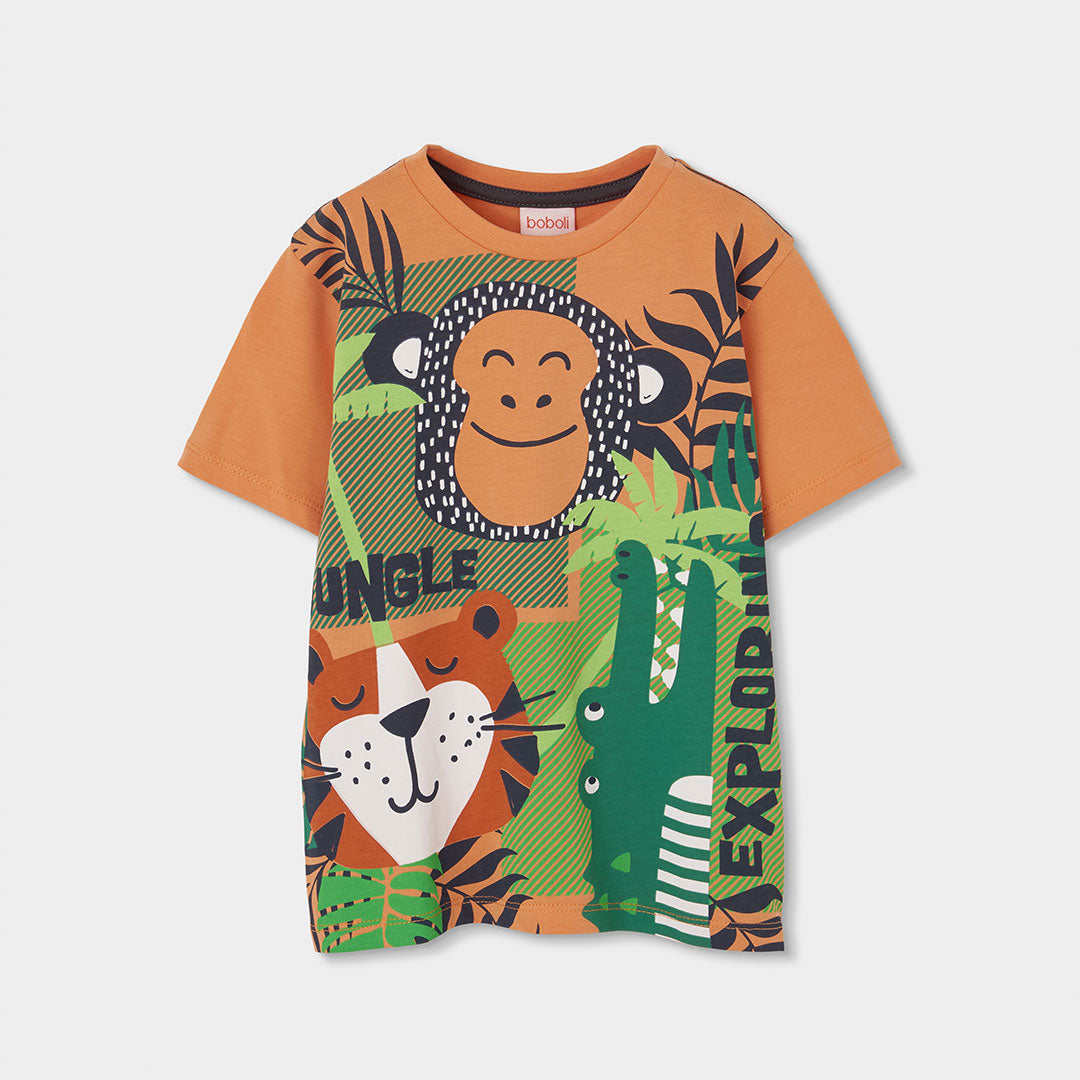 Oranje jongens t-shirt Boboli met grote jungle print van lachende aap, slapende leeuw en krokodil tussen tropische bladeren – Elisa Kids Boutique