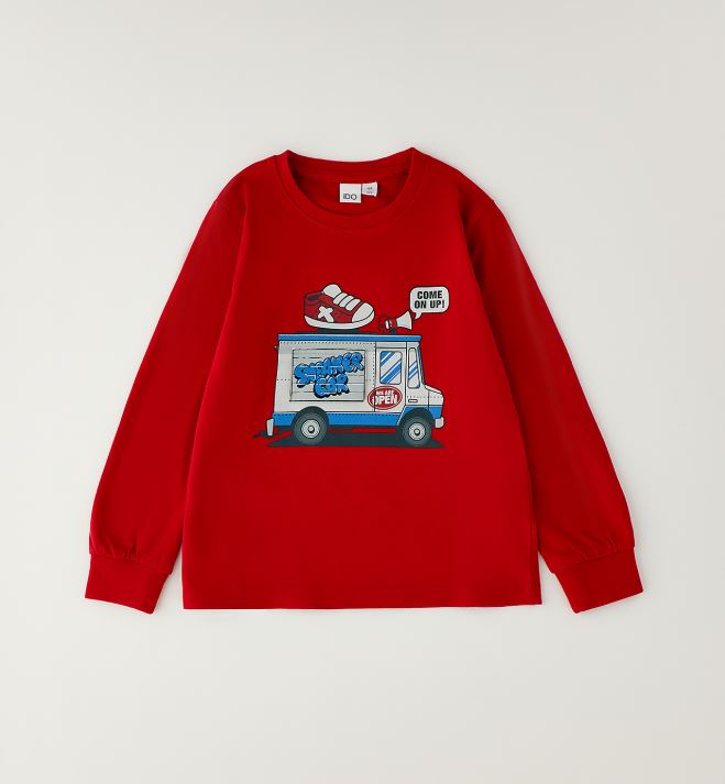 Rood iDO jongens longsleeve met Sneaker Car-print – vooraanzicht