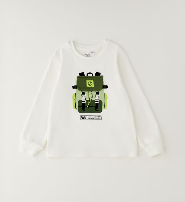 Gebroken wit iDO jongens longsleeve met groene rugzakprint – vooraanzicht