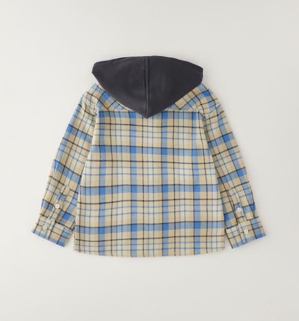 Achterzijde blauw geruit iDO jongens hemd met grijze capuchon