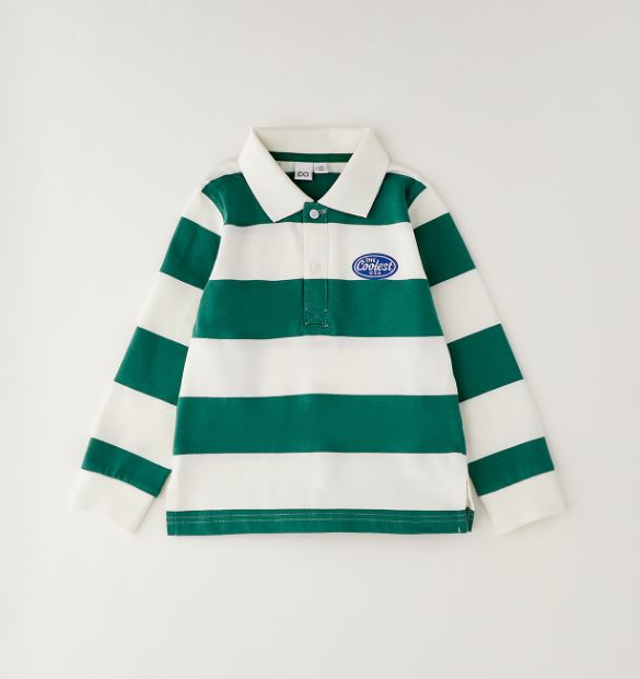 Groen-wit gestreept iDO jongens poloshirt met lange mouwen en badge – vooraanzicht