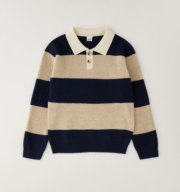 Marineblauw-beige gestreepte iDO jongens polotrui met kraag – vooraanzicht