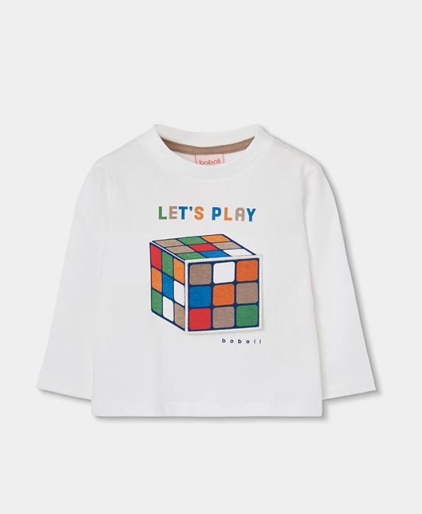 ecru Boboli longsleeve voor jongens met kubusprint, vooraanzicht