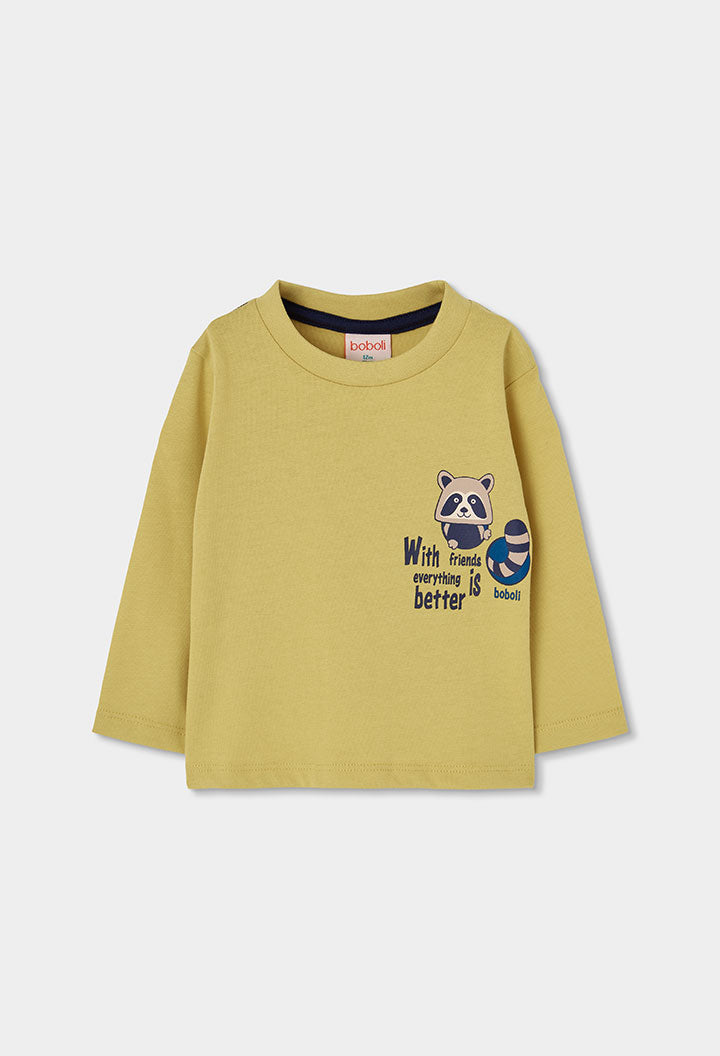 okergele Boboli longsleeve voor jongens met wasbeer-print, vooraanzicht