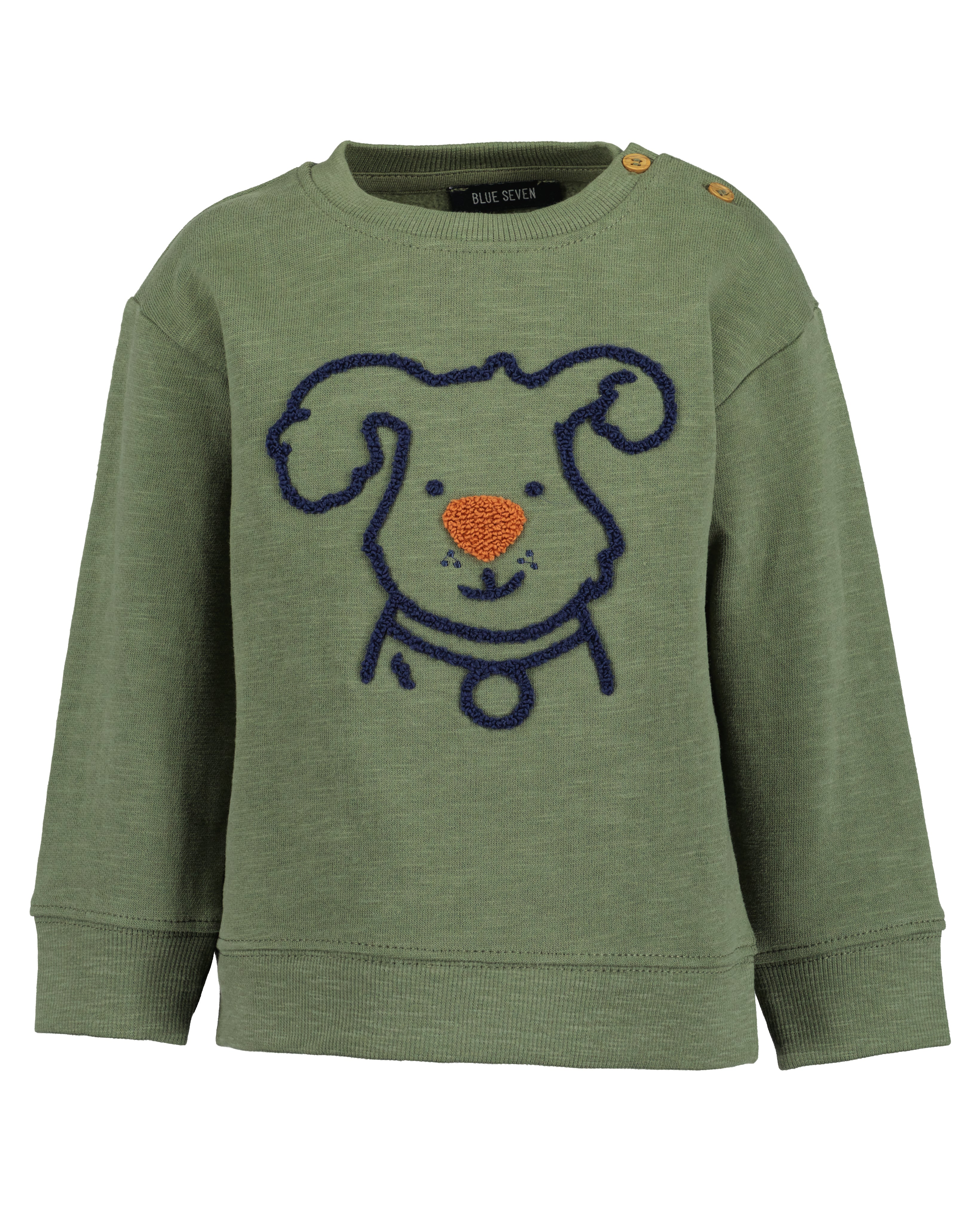 Kakigroene babysweater met geborduurd hondje van Blue Seven – vooraanzicht