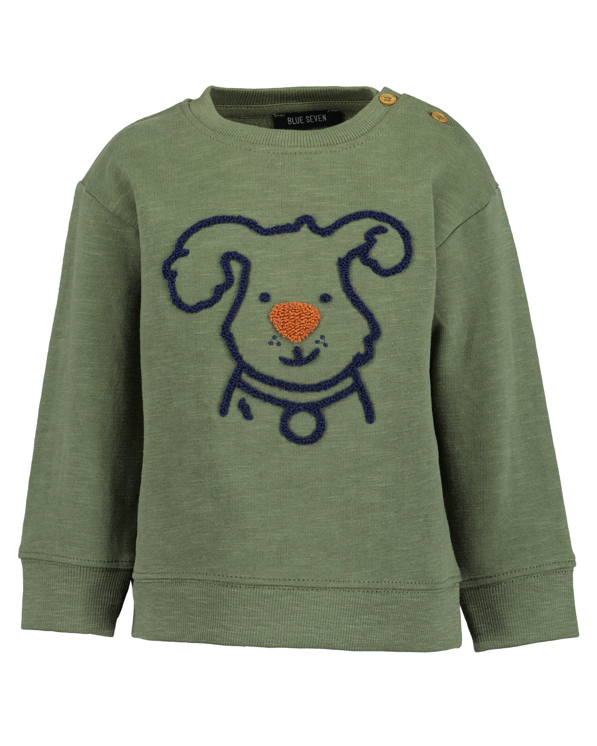Kakigroene babysweater met geborduurd hondje van Blue Seven – vooraanzicht
