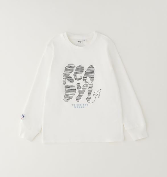 Witte jongens longsleeve met 'Ready to see the world' tekstprint van iDO – vooraanzicht