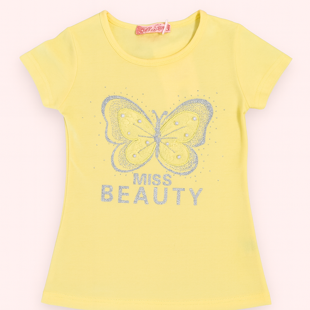 T-shirt jaune avec papillon pailleté – « Miss Beauté »