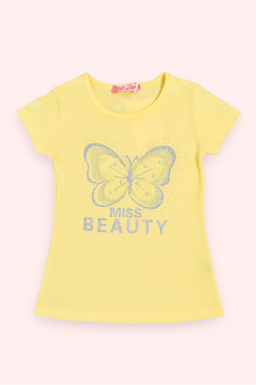 T-shirt jaune avec papillon pailleté – « Miss Beauté »