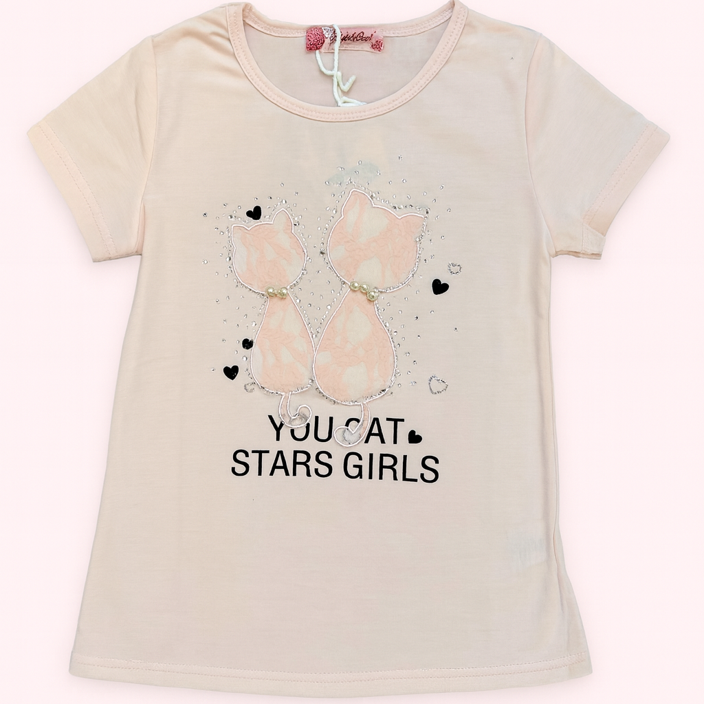 T-shirt rose avec imprimé chat