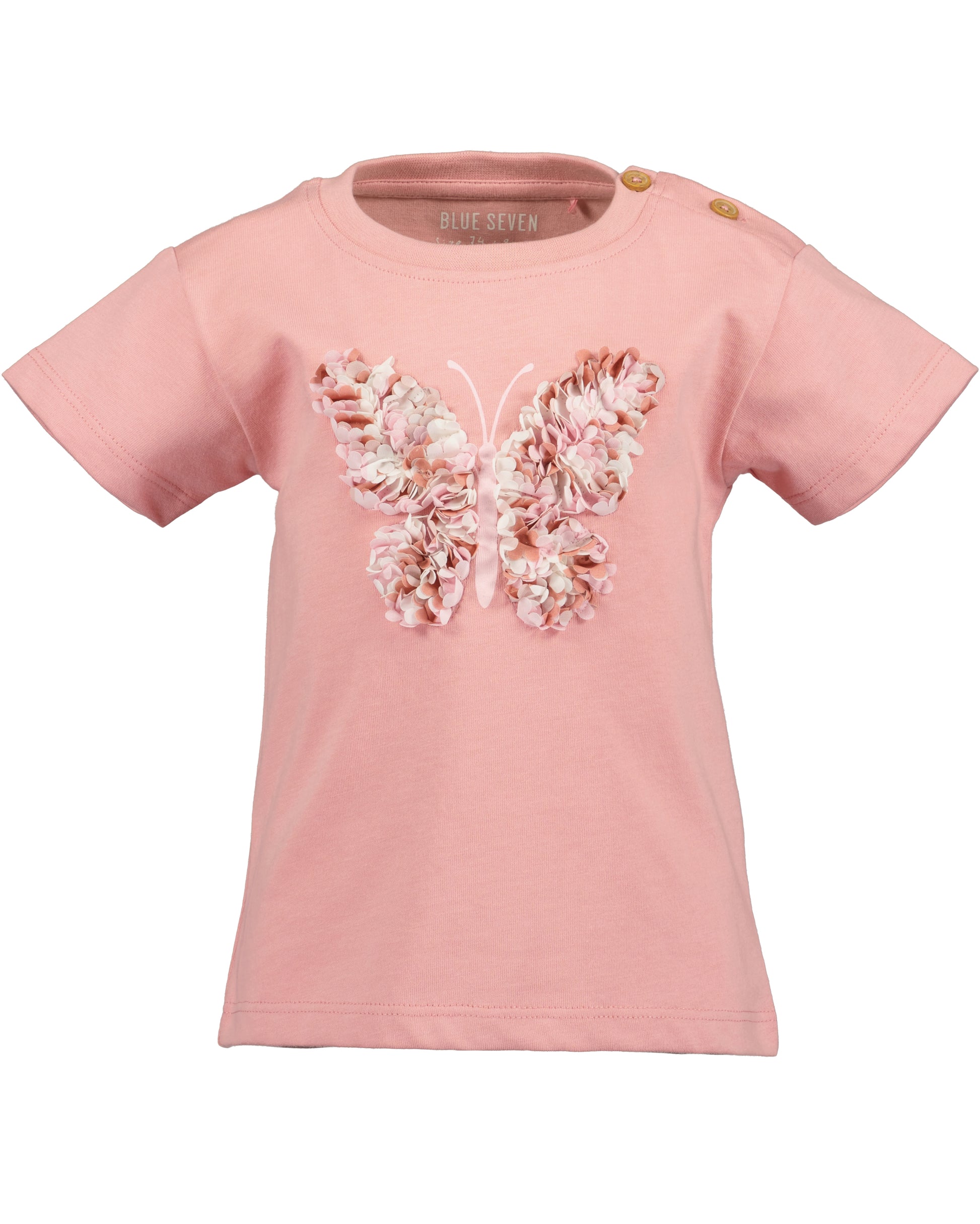 Roze baby meisjes t-shirt Blue Seven met grote 3D vlinder applicatie opgebouwd uit stofbloemetjes in roze en wit – Elisa Kids Boutique