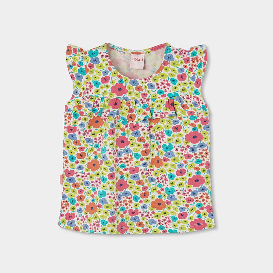 Wit mouwloos meisjes topje Boboli met kleurrijke all-over bloemenprint in roze, oranje, blauw en groen, decoratieve plooitjes en ruche vlindermouwtjes – Elisa Kids Boutique