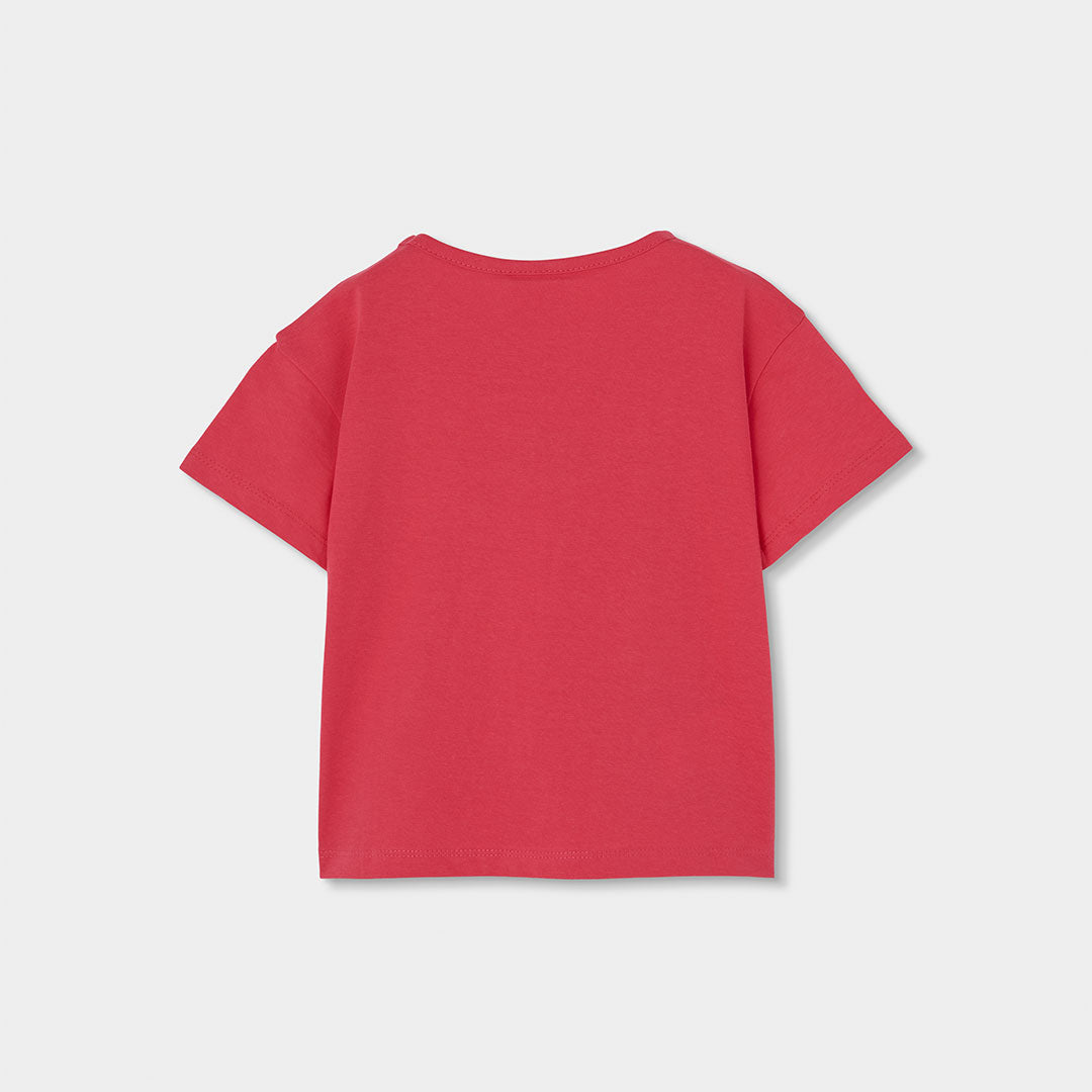 Achterkant koraalrood meisjes t-shirt Boboli met ronde hals en licht oversized pasvorm – Elisa Kids Boutique