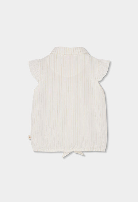 Achterkant crème meisjes blouse Boboli met gouden lurex strepen, ruche vlindermouwen en elastische onderzoom met strikje – Elisa Kids Boutique
