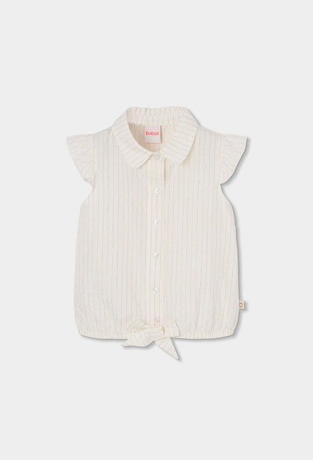 Crème meisjes blouse Boboli met gouden lurex strepen, ronde kraag, transparante knopen, ruche vlindermouwen en strikje aan onderzoom – Elisa Kids Boutique.