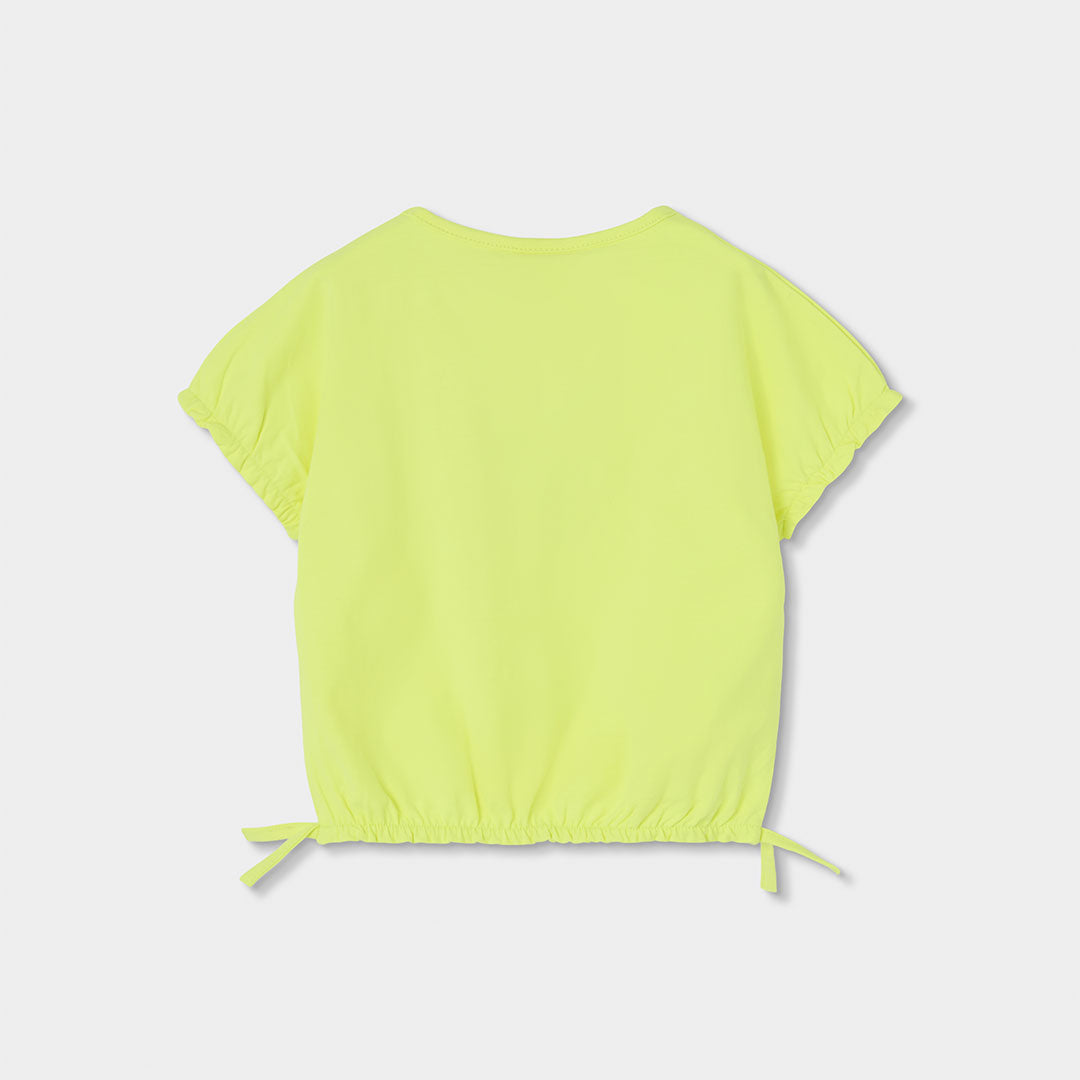 Achterkant neon geel meisjes cropped t-shirt Boboli met gesmockte mouwen en elastische zoom met strikjes – Elisa Kids Boutique