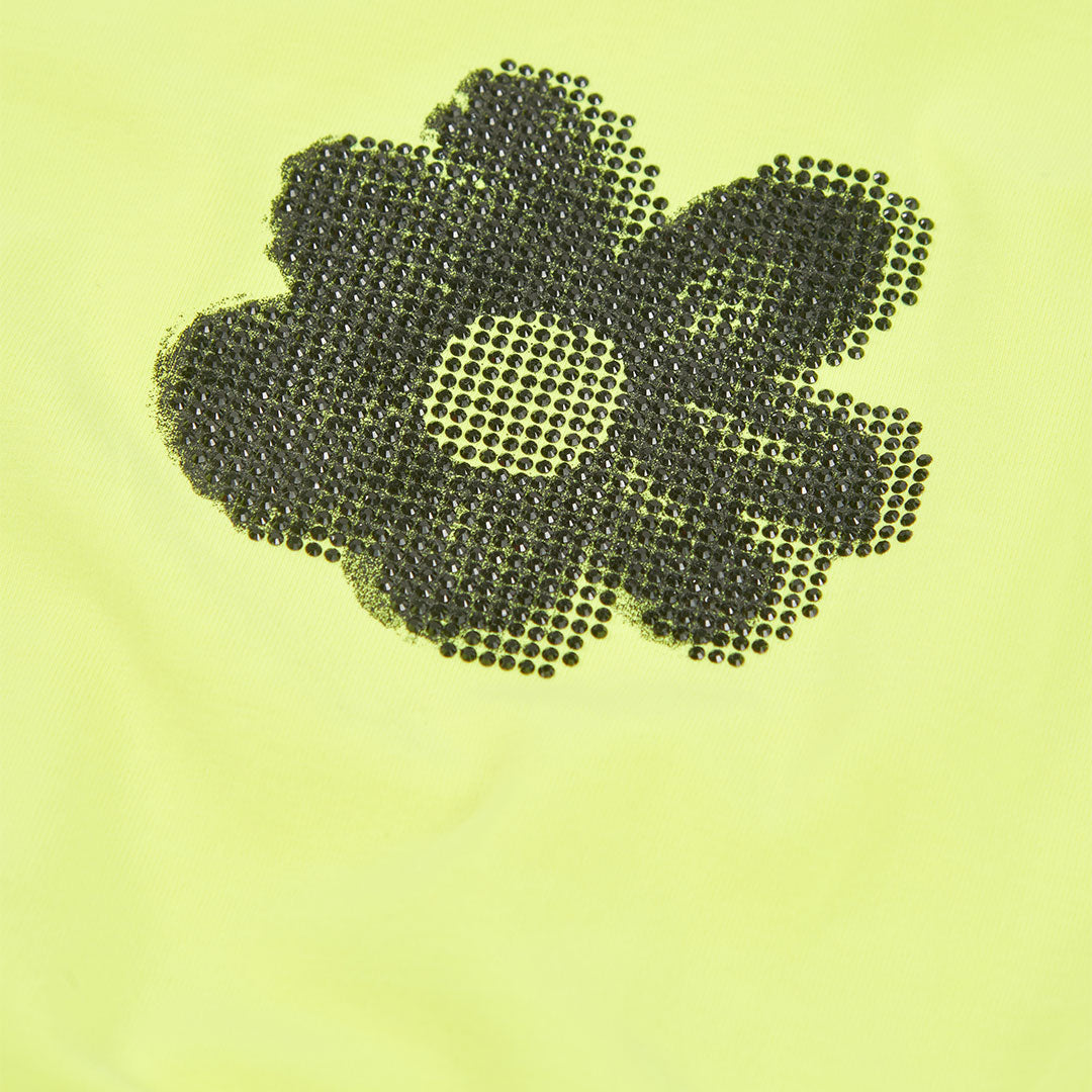 Detailfoto zwarte strass steentjes bloem print in halftoon-stijl op neon geel meisjes t-shirt Boboli – Elisa Kids Boutique