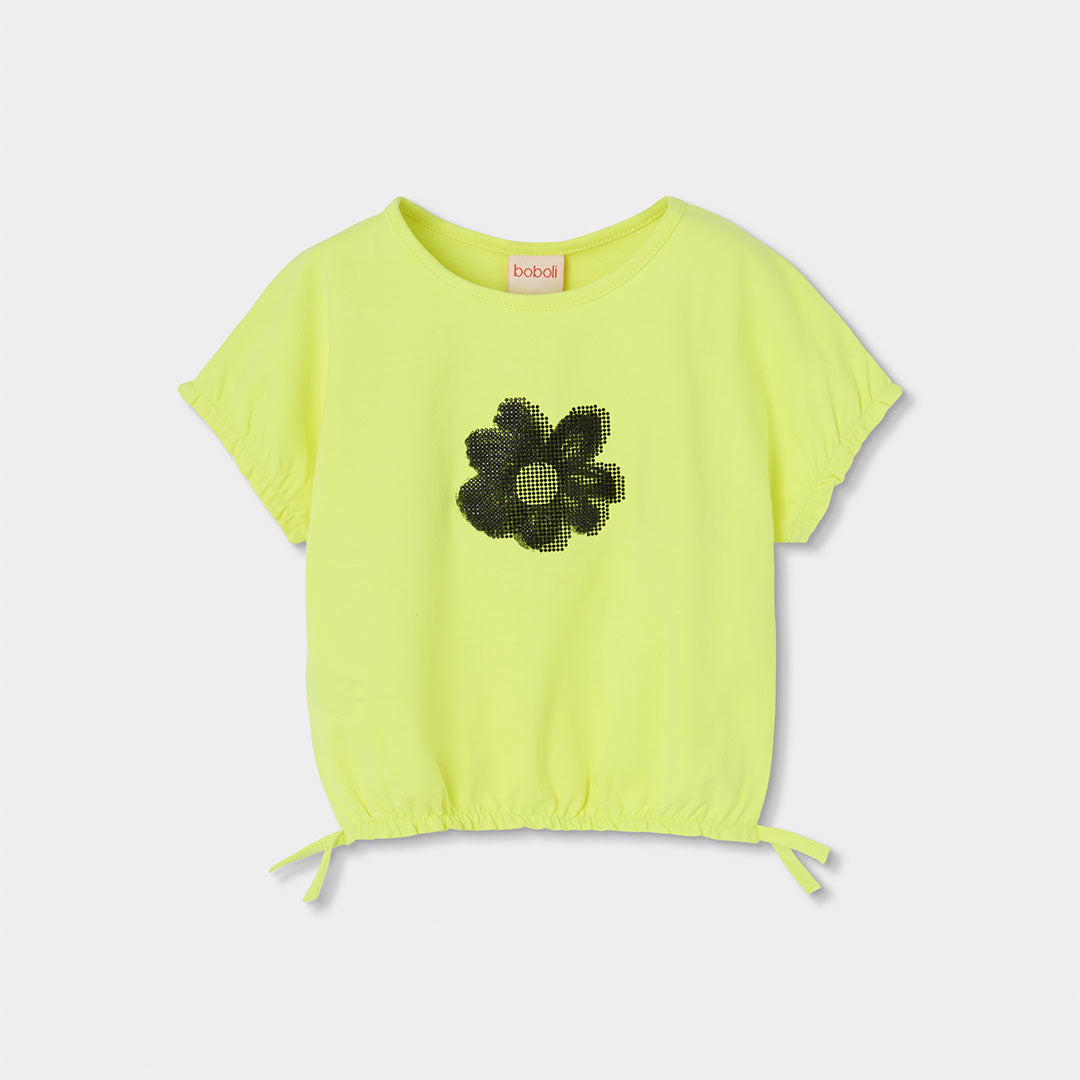 Neon geel meisjes cropped t-shirt Boboli met zwarte strass steentjes bloem print, gesmockte mouwen en elastische zoom met strikjes – Elisa Kids Boutique