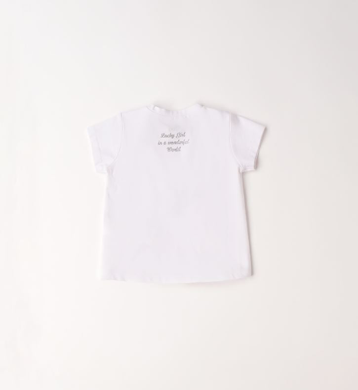 Achterzijde wit iDO T-shirt met tekst Lucky Girl in a wonderful World