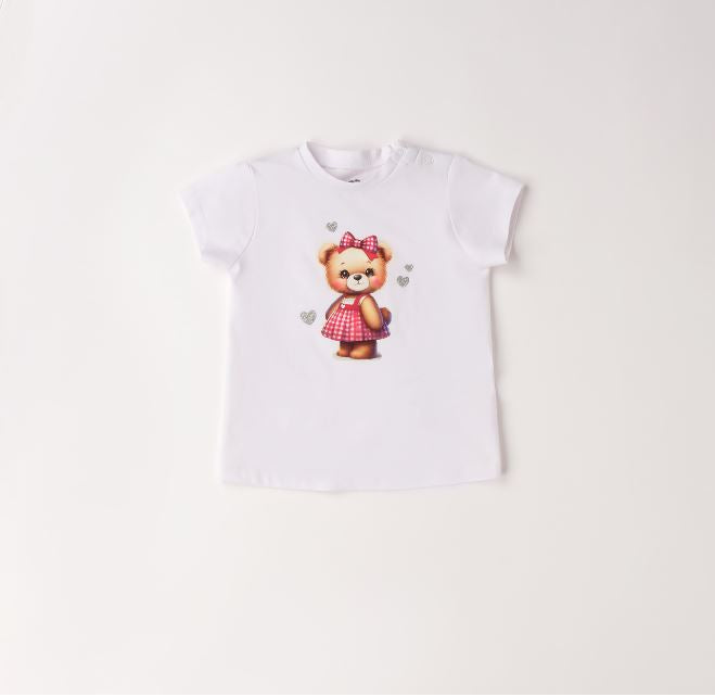 DO wit meisjes T-shirt met teddybeer in roze geruit jurkje
