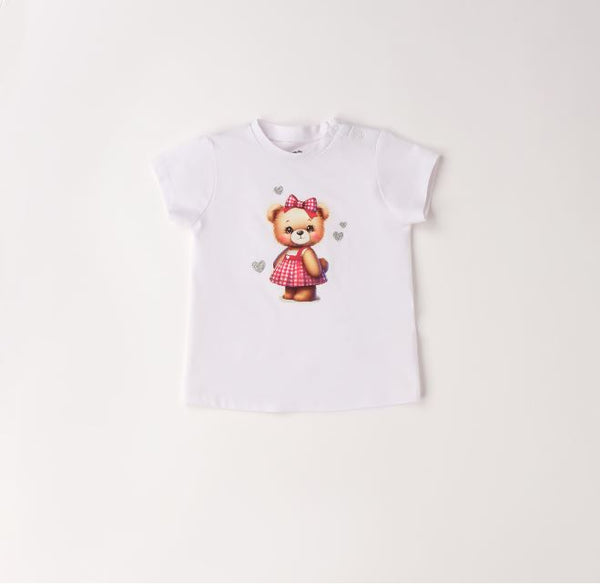DO wit meisjes T-shirt met teddybeer in roze geruit jurkje