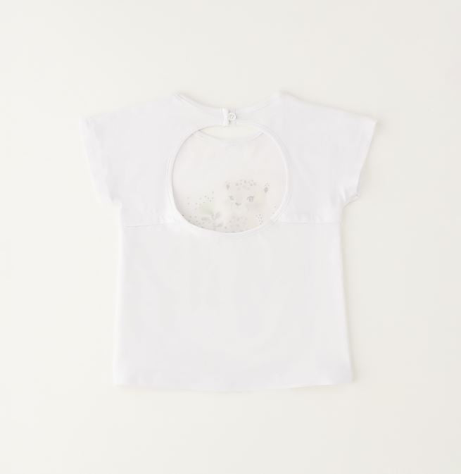 Achterzijde wit iDO T-shirt met ronde open rug en knoopsluiting