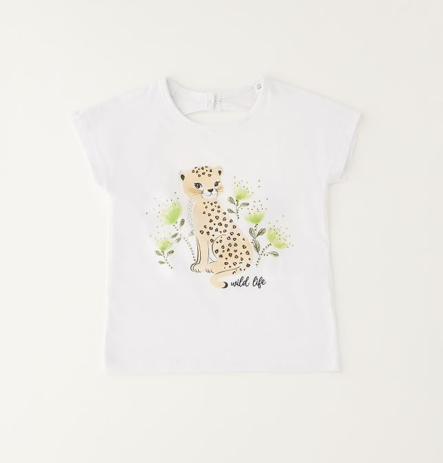 iDO wit meisjes T-shirt met luipaardprint en groene bloemen